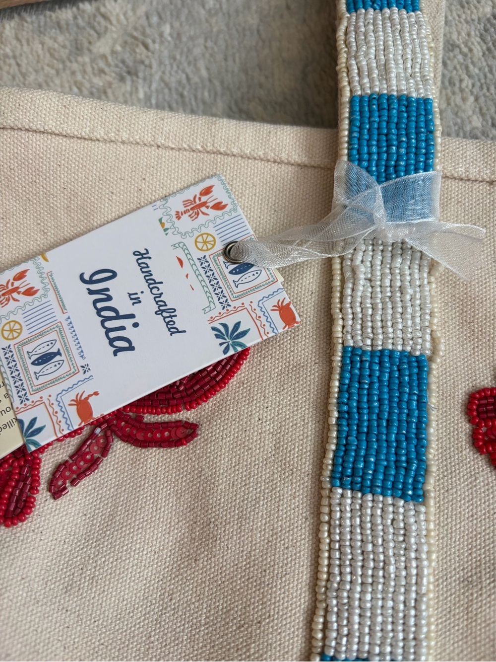 NWT Hand Beaded Lobster Canvas Tote Bag Coastal Beach Bag - Picture 3 of 8
